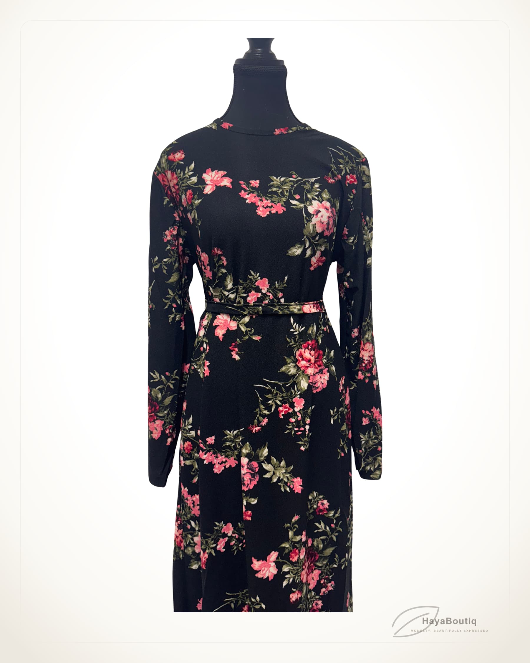 Black Floral Belted Dress