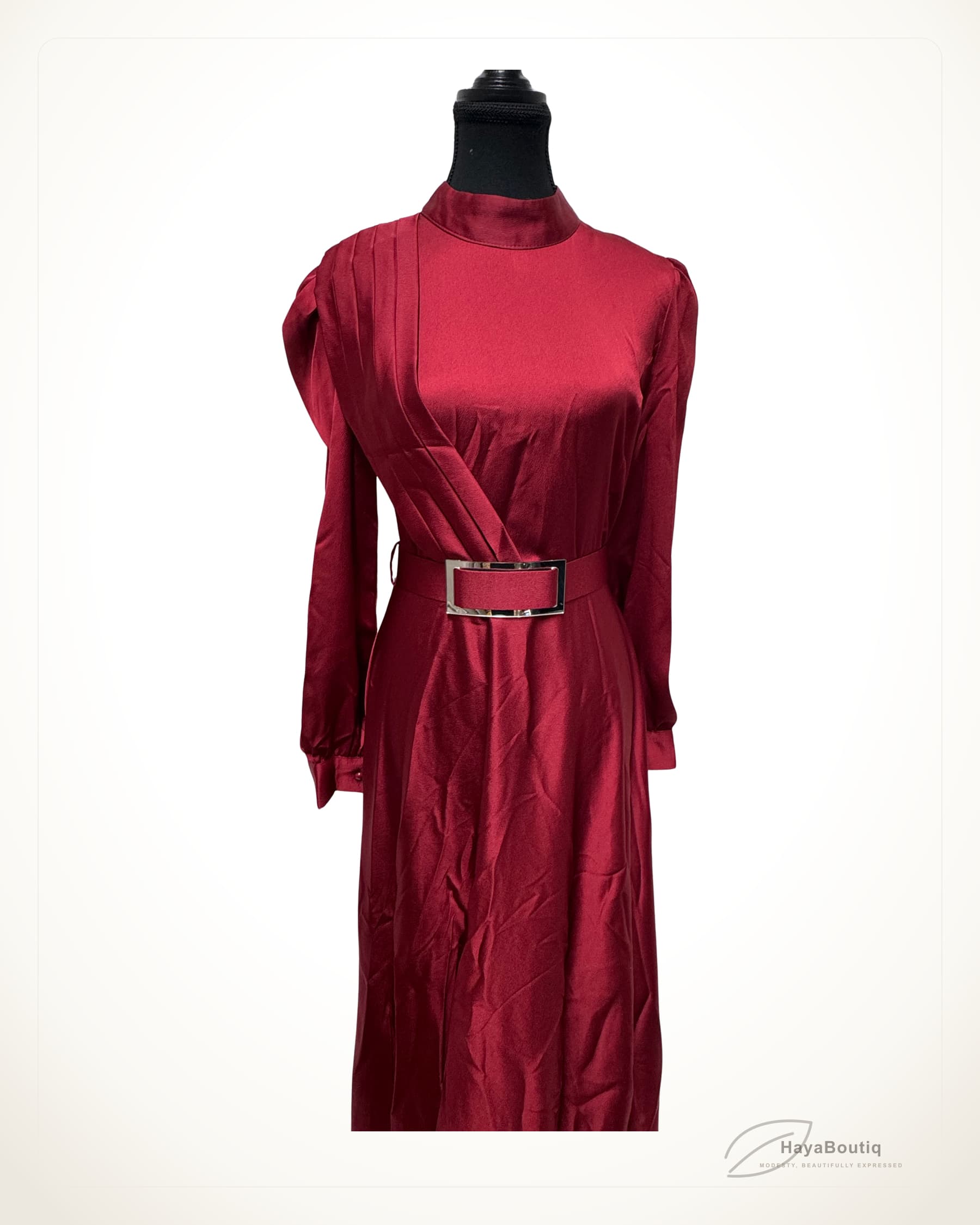 Burgundy Satin Belted Dress