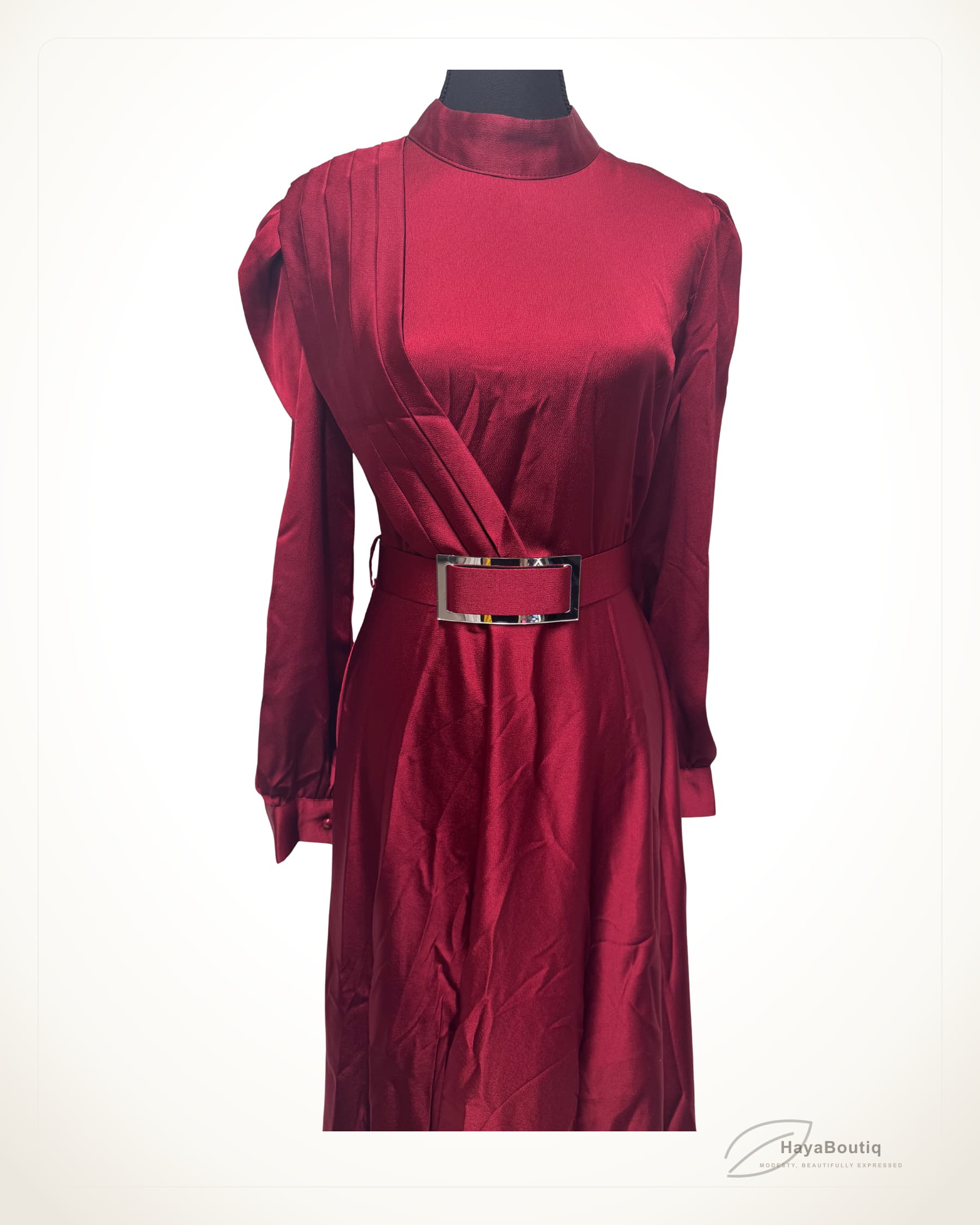 Burgundy Satin Belted Dress